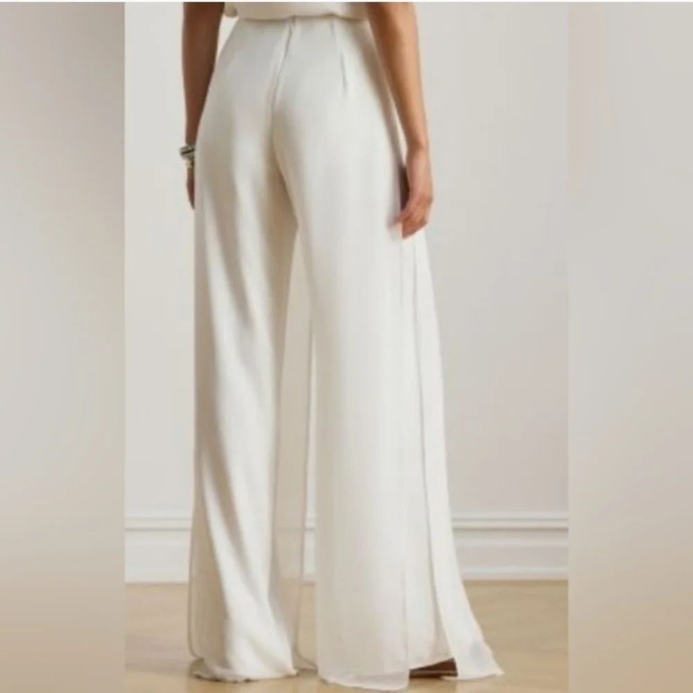 NWT Wide-Leg High Waisted Chiffon Trim White Pants Womens